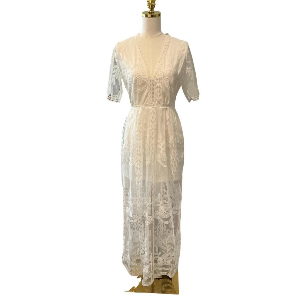 Unbranded Floral Lace Romper Maxi Dress Womens 6 White Excellent Boho V-Neck
